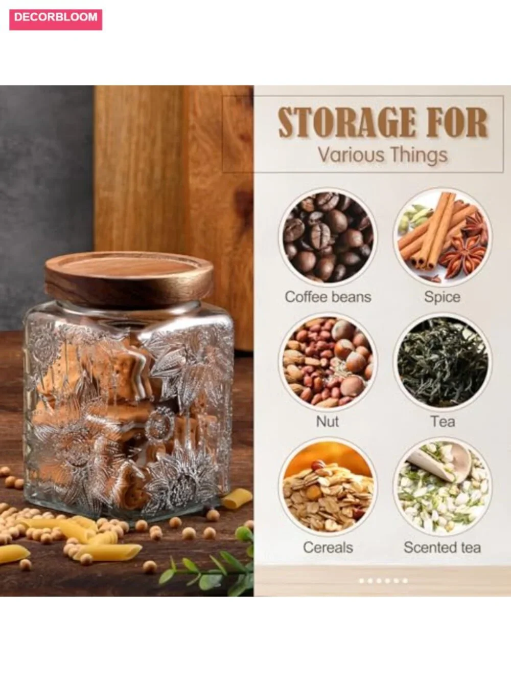 Set of 5 Vintage Glass Jars with Bamboo Airtight Lids Kitchen Food Storage